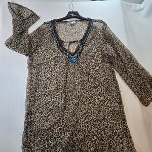Soaked Animal‎ Print Beaded Blouse Women's Flutter Sleeve Empire Waist Tunic Top